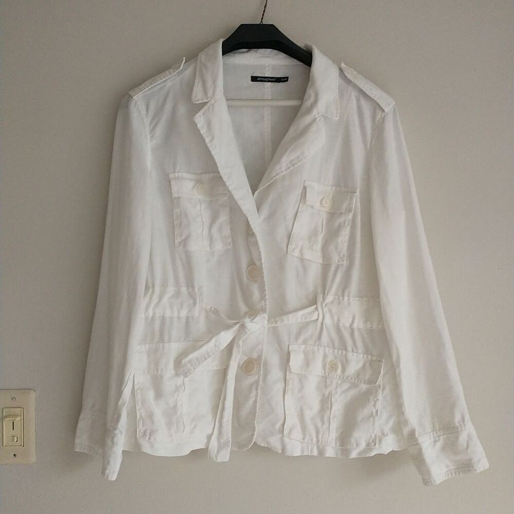 Atmosphere Blazer Womens 18 White 100%Linen Belted Buttons Pockets Chore Safari